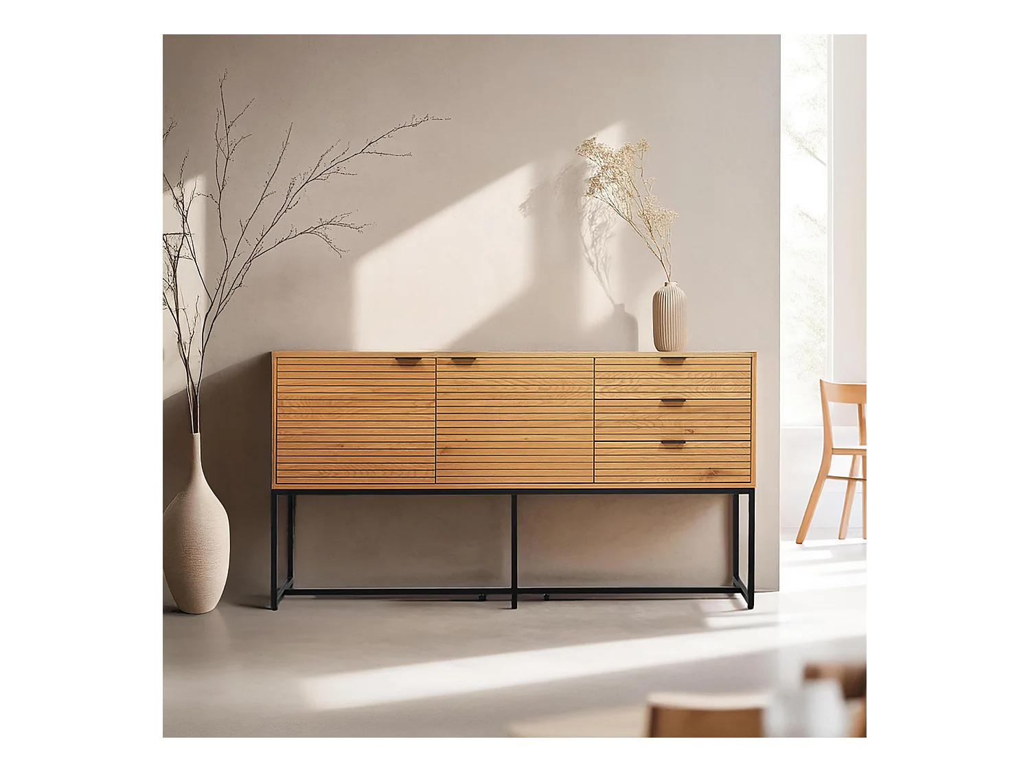 Buffet 2 portes et 3 tiroirs décor mélaminé 160 cm bois et noir