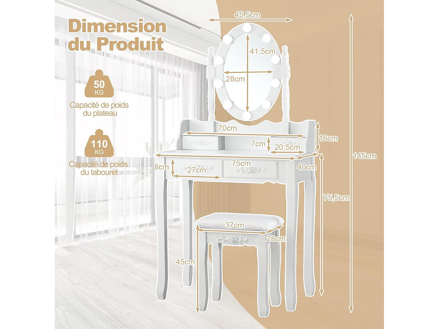 Coiffeuse avec Tabouret Rembourré, Ensemble de Coiffeuse avec Miroir Ovale Éclairé LED 3 Couleurs, Table de Maquillage Vintage, Interrupteur Tactile et 4 Tiroirs, 40 x 75 x 145 cm, Blanc