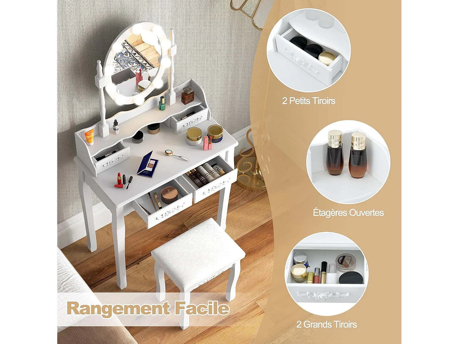 Coiffeuse avec Tabouret Rembourré, Ensemble de Coiffeuse avec Miroir Ovale Éclairé LED 3 Couleurs, Table de Maquillage Vintage, Interrupteur Tactile et 4 Tiroirs, 40 x 75 x 145 cm, Blanc