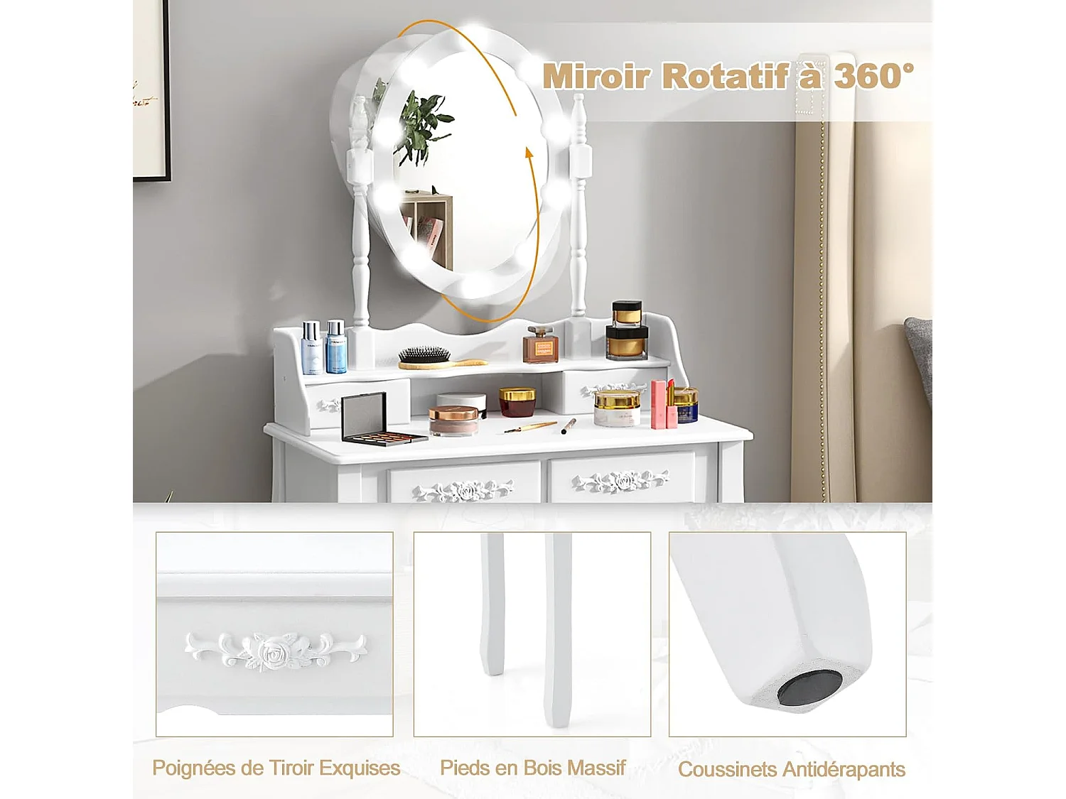 Coiffeuse avec Tabouret Rembourré, Ensemble de Coiffeuse avec Miroir Ovale Éclairé LED 3 Couleurs, Table de Maquillage Vintage, Interrupteur Tactile et 4 Tiroirs, 40 x 75 x 145 cm, Blanc