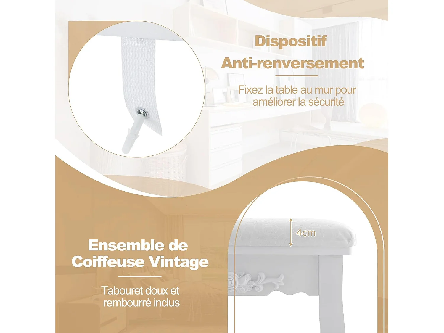 Coiffeuse avec Tabouret Rembourré, Ensemble de Coiffeuse avec Miroir Ovale Éclairé LED 3 Couleurs, Table de Maquillage Vintage, Interrupteur Tactile et 4 Tiroirs, 40 x 75 x 145 cm, Blanc