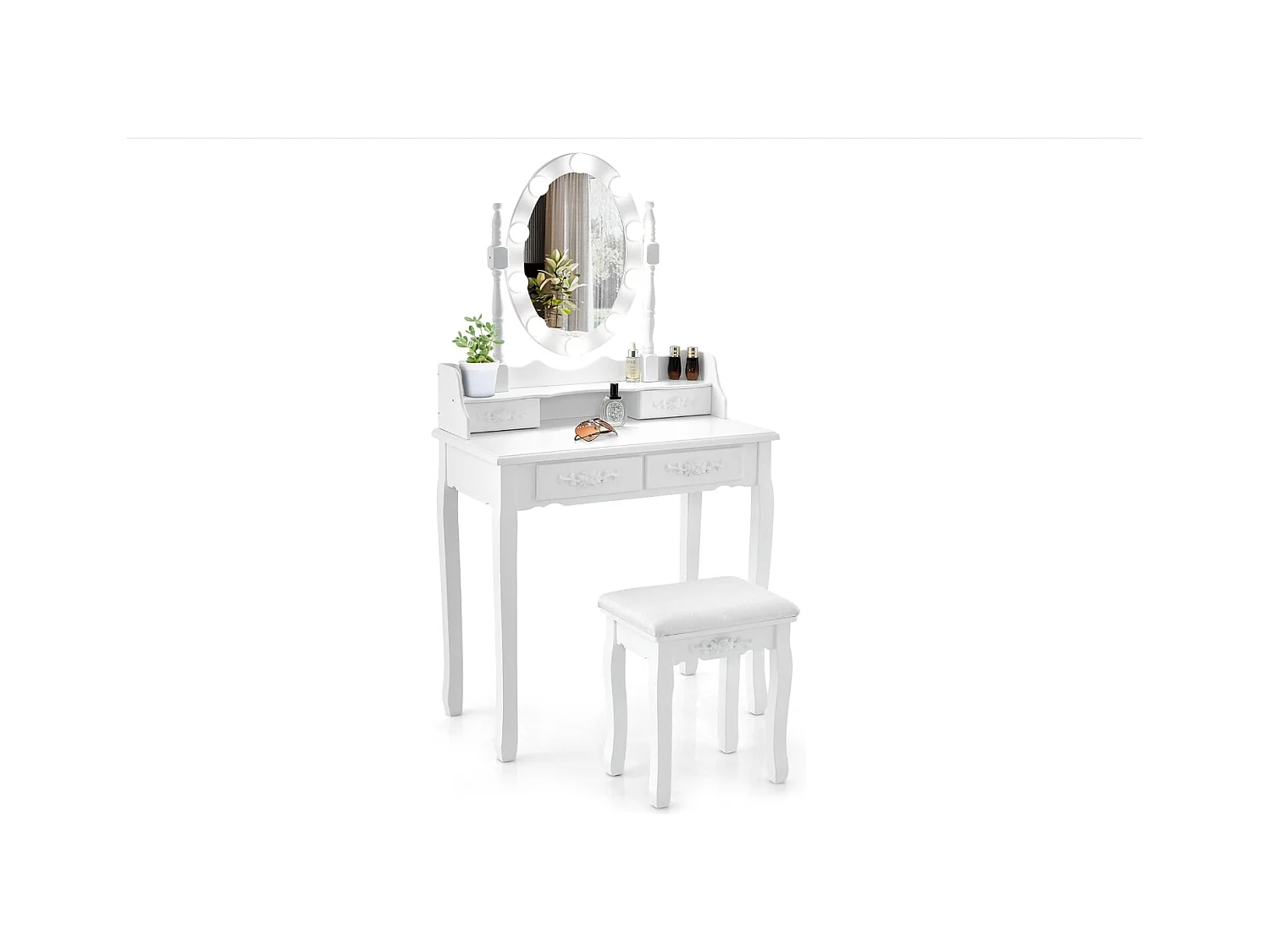 Coiffeuse avec Tabouret Rembourré, Ensemble de Coiffeuse avec Miroir Ovale Éclairé LED 3 Couleurs, Table de Maquillage Vintage, Interrupteur Tactile et 4 Tiroirs, 40 x 75 x 145 cm, Blanc