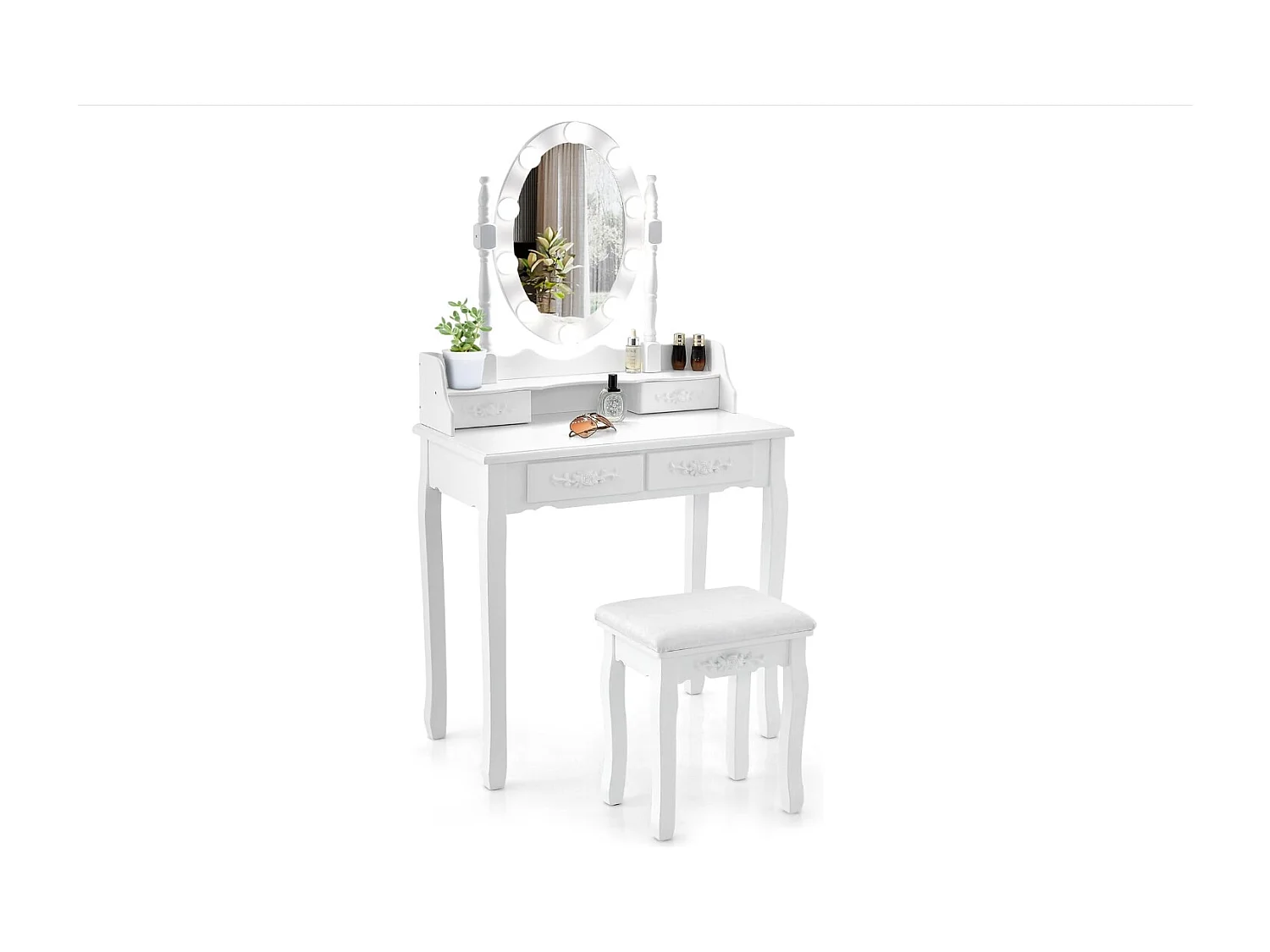 Coiffeuse avec Tabouret Rembourré, Ensemble de Coiffeuse avec Miroir Ovale Éclairé LED 3 Couleurs, Table de Maquillage Vintage, Interrupteur Tactile et 4 Tiroirs, 40 x 75 x 145 cm, Blanc
