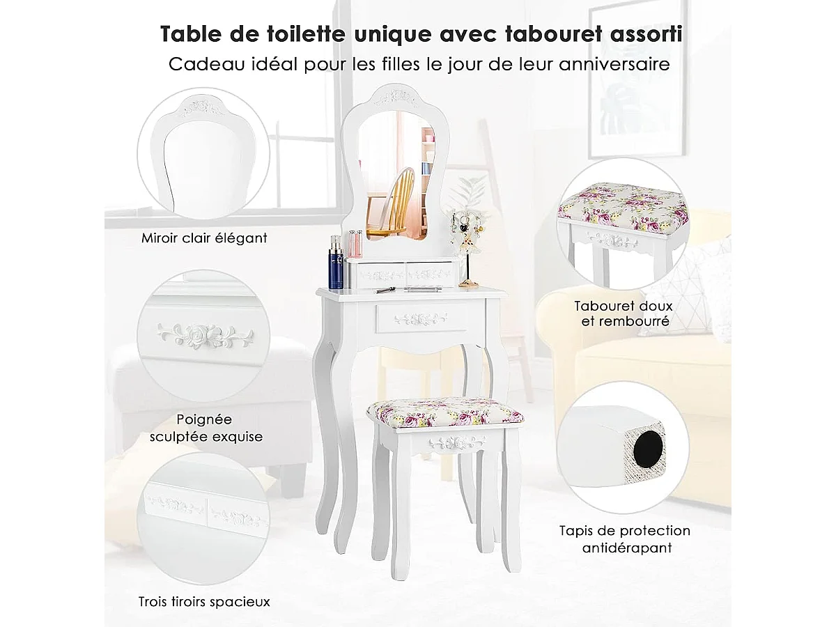 Coiffeuse avec Tabouret Table de Maquillage avec 3 Tiroirs et Dessus Amovible Blanc