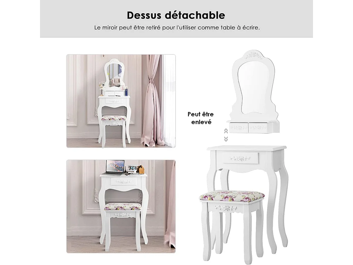 Coiffeuse avec Tabouret Table de Maquillage avec 3 Tiroirs et Dessus Amovible Blanc