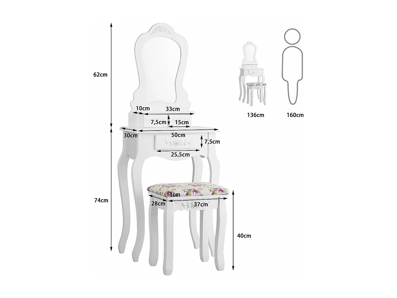Coiffeuse avec Tabouret Table de Maquillage avec 3 Tiroirs et Dessus Amovible Blanc
