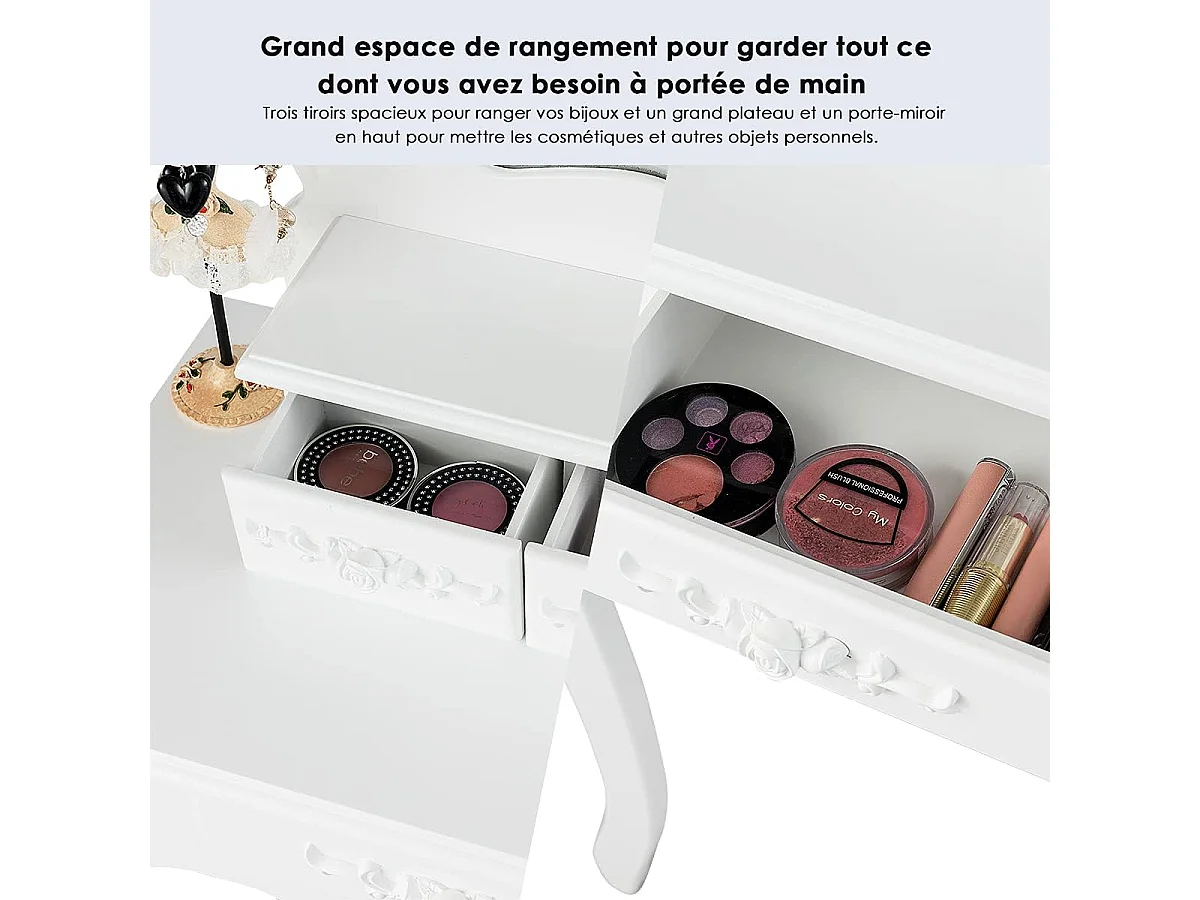 Coiffeuse avec Tabouret Table de Maquillage avec 3 Tiroirs et Dessus Amovible Blanc