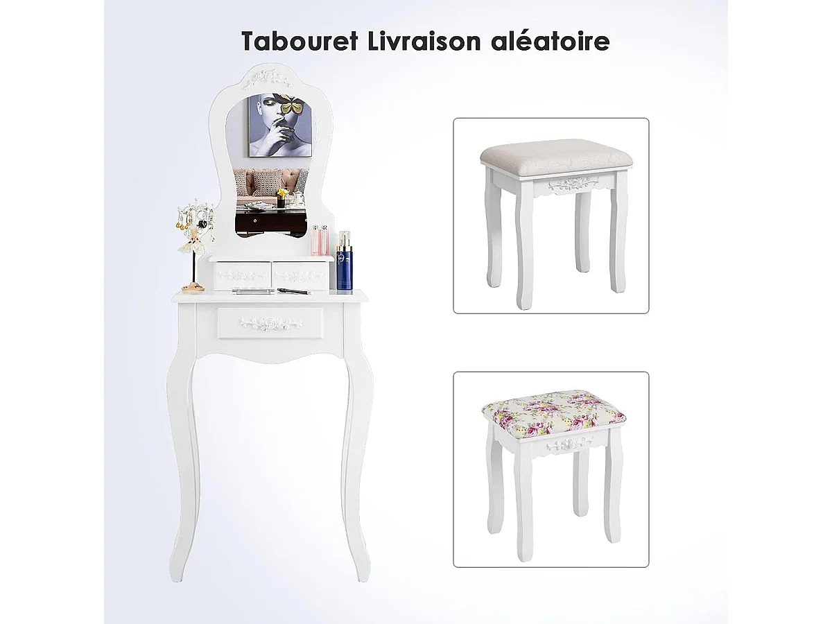 Coiffeuse avec Tabouret Table de Maquillage avec 3 Tiroirs et Dessus Amovible Blanc