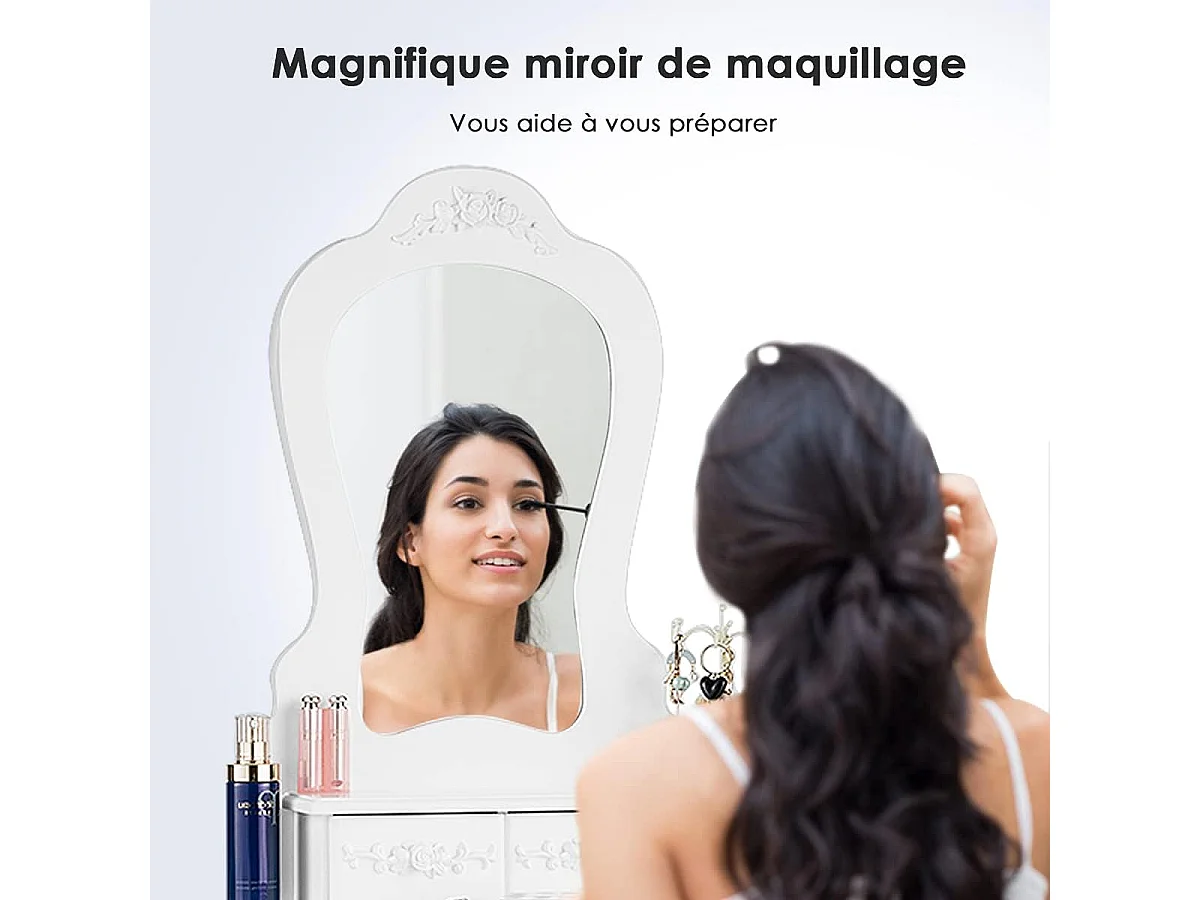 Coiffeuse avec Tabouret Table de Maquillage avec 3 Tiroirs et Dessus Amovible Blanc