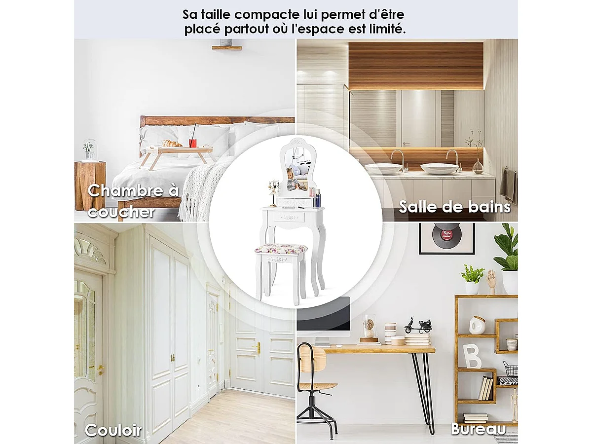 Coiffeuse avec Tabouret Table de Maquillage avec 3 Tiroirs et Dessus Amovible Blanc