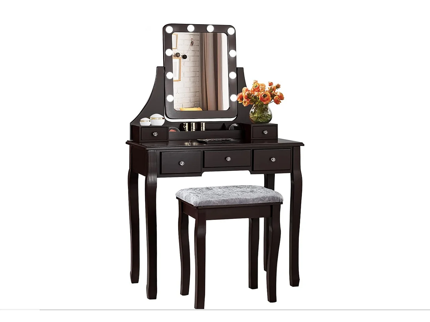 Coiffeuse, Table de Maquillage avec 10 Ampoules LED à Intensité Variable Tabouret avec 5 Tiroirs et Boîtes de Rangement Amovibles Marron