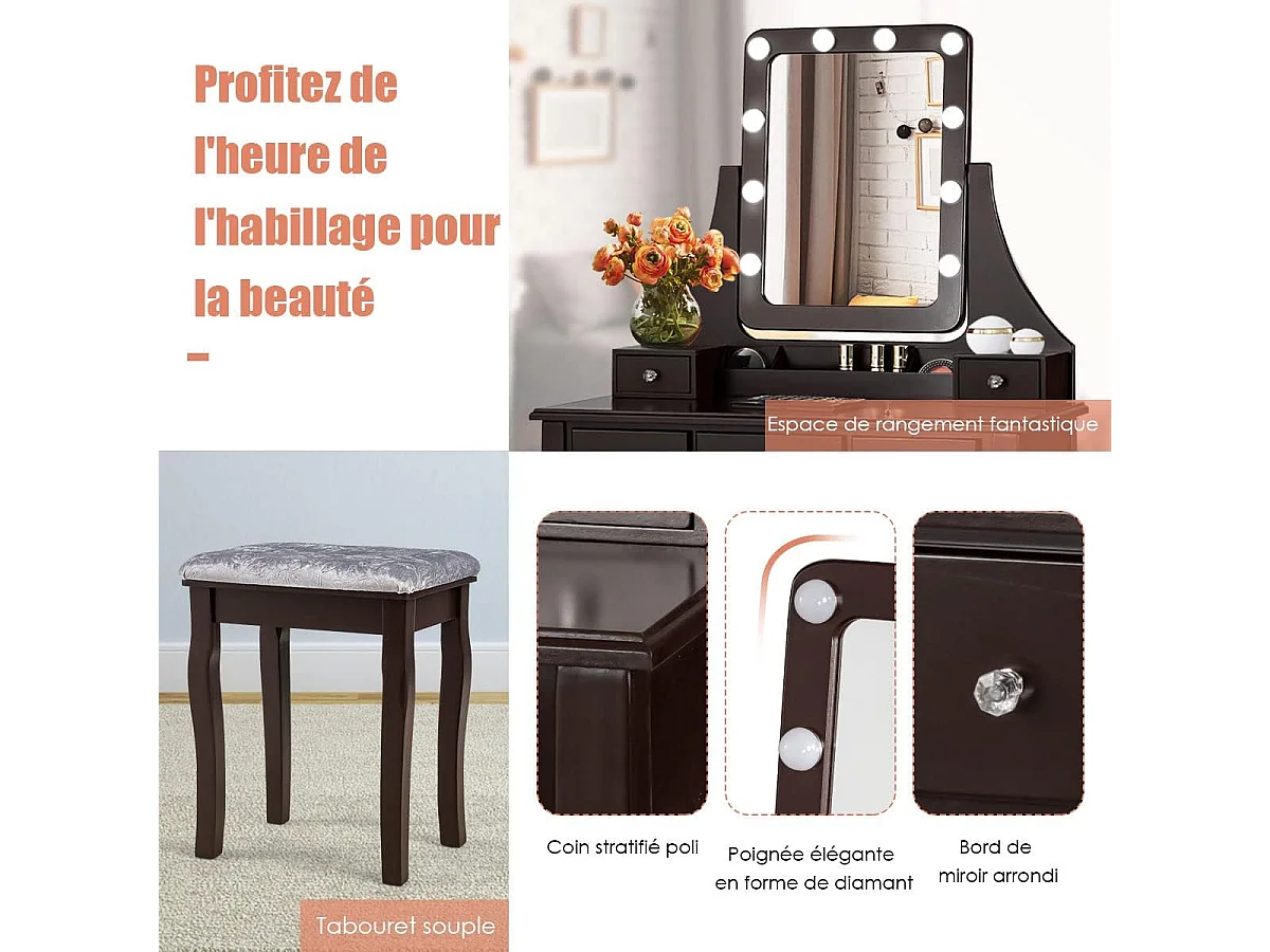Coiffeuse, Table de Maquillage avec 10 Ampoules LED à Intensité Variable Tabouret avec 5 Tiroirs et Boîtes de Rangement Amovibles Marron