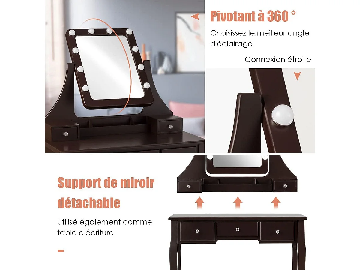 Coiffeuse, Table de Maquillage avec 10 Ampoules LED à Intensité Variable Tabouret avec 5 Tiroirs et Boîtes de Rangement Amovibles Marron