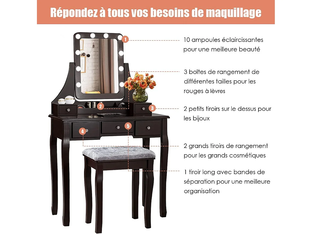 Coiffeuse, Table de Maquillage avec 10 Ampoules LED à Intensité Variable Tabouret avec 5 Tiroirs et Boîtes de Rangement Amovibles Marron