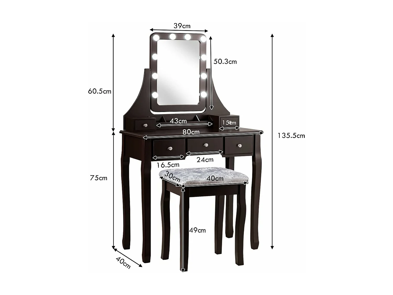 Coiffeuse, Table de Maquillage avec 10 Ampoules LED à Intensité Variable Tabouret avec 5 Tiroirs et Boîtes de Rangement Amovibles Marron