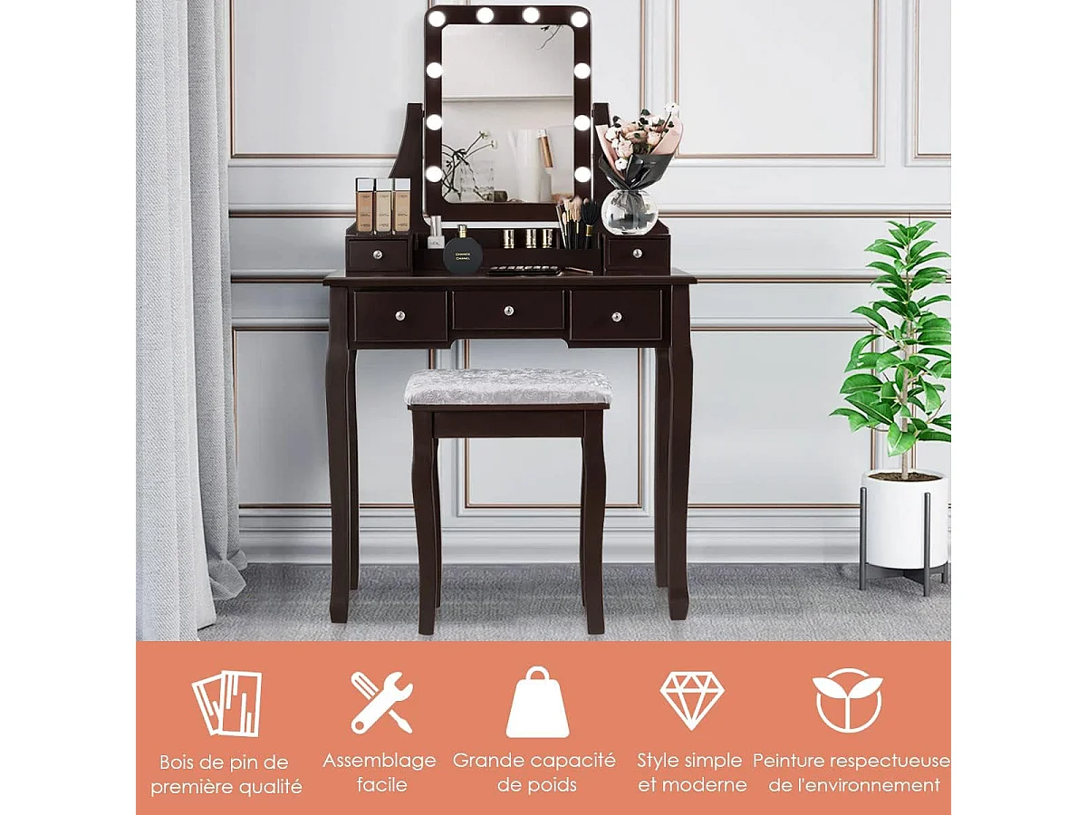 Coiffeuse, Table de Maquillage avec 10 Ampoules LED à Intensité Variable Tabouret avec 5 Tiroirs et Boîtes de Rangement Amovibles Marron