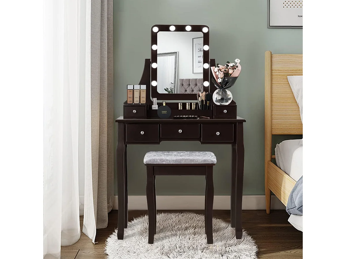 Coiffeuse, Table de Maquillage avec 10 Ampoules LED à Intensité Variable Tabouret avec 5 Tiroirs et Boîtes de Rangement Amovibles Marron