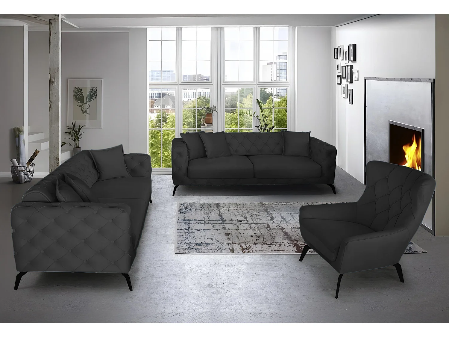 Ensemble canapé Ritz (3+2+1)/Tissu/Noir