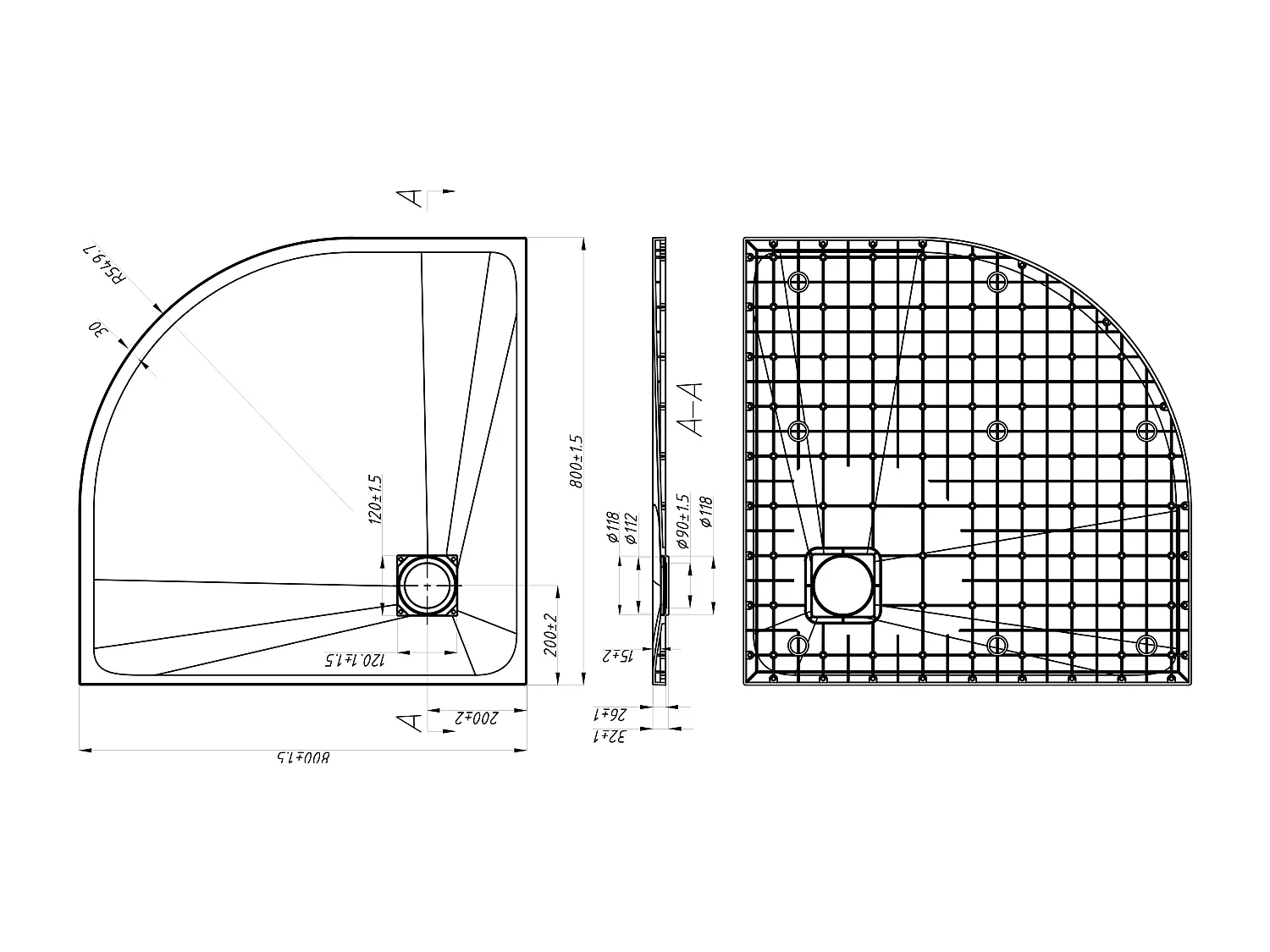 Receveur de douche extra plat à poser ou à encastrer recoupable en résine SMC en quart de cercle - Blanc - 80 x 80 cm - SYFORSA