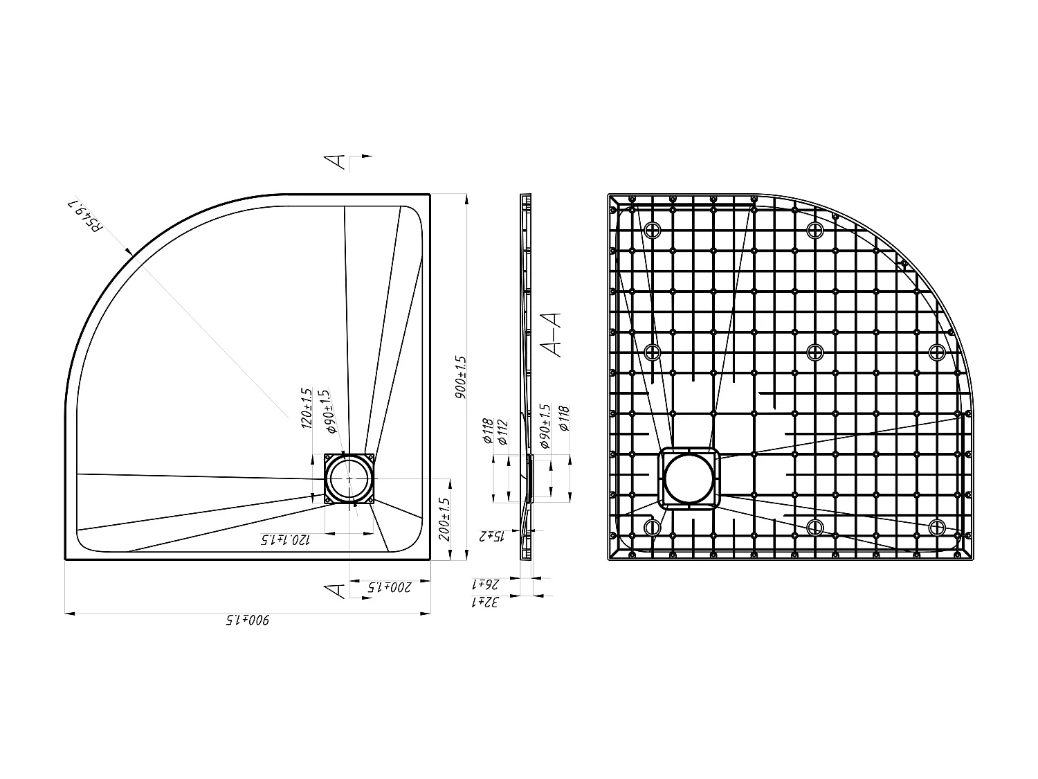 Receveur de douche extra plat à poser ou à encastrer recoupable en résine SMC en quart de cercle - Blanc - 90 x 90 cm - SYFORSA