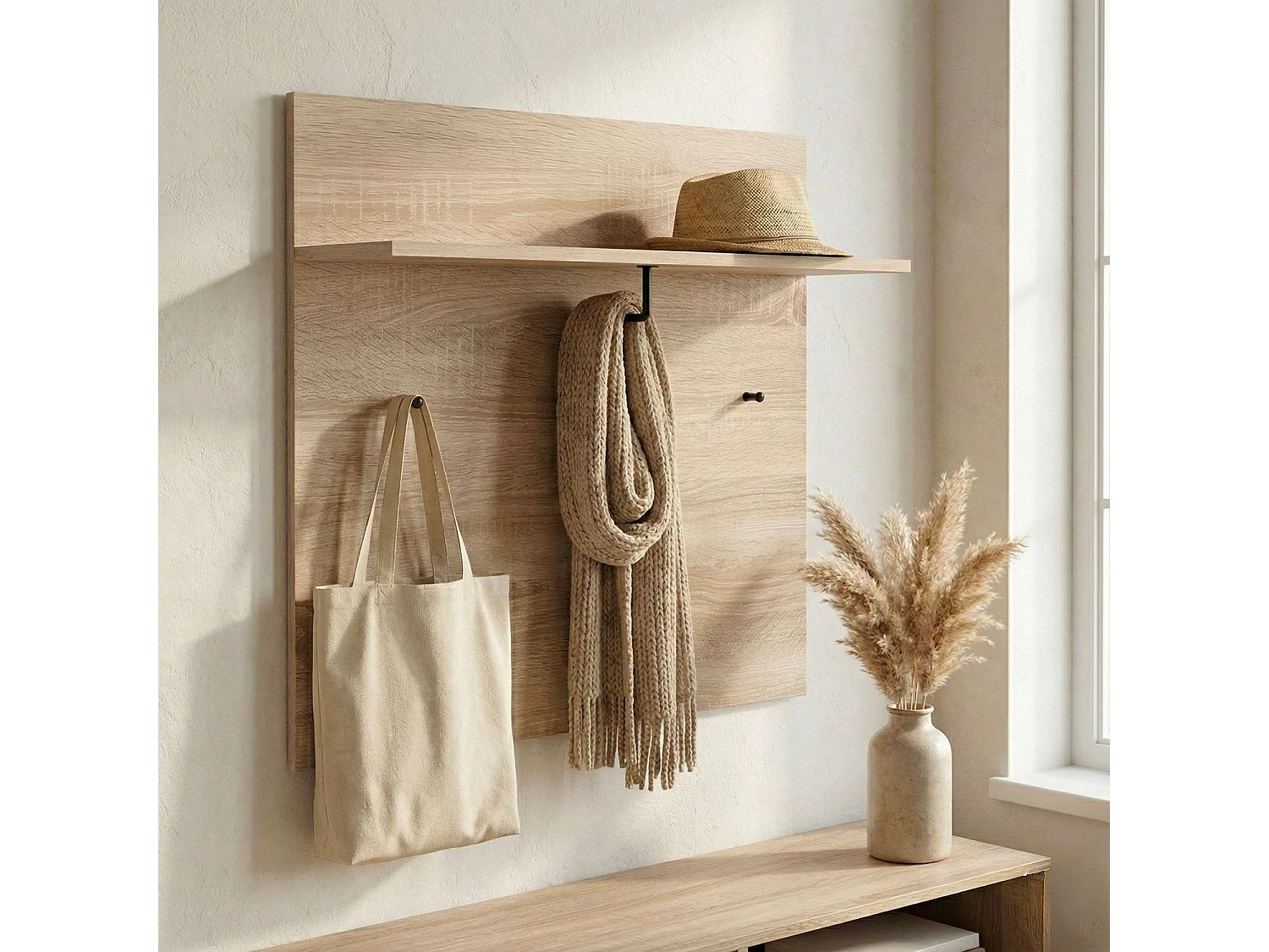 Portemanteau mural avec étagère et 3 patères Irysel 80x80cm Bois sonoma