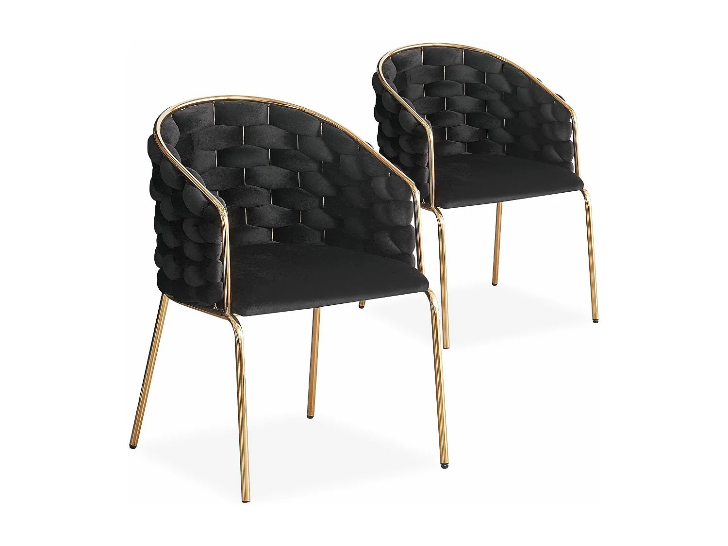 Lot de 2 chaises design au dossier arrondi style maillage Tricotane Velours Noir et Métal Or