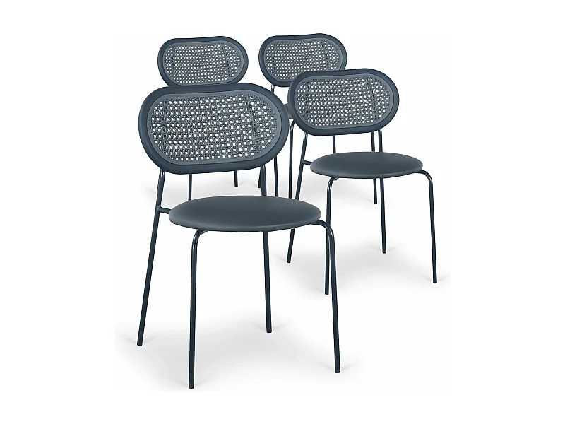 Lot de 4 chaises empilables effet cannage Bertille Métal Noir et Simili Gris
