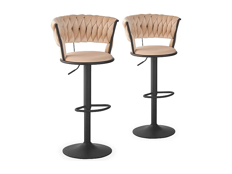 Lot de 2 chaises de bar dossier arrondi style maillage Xenox Velours Beige et Métal Noir