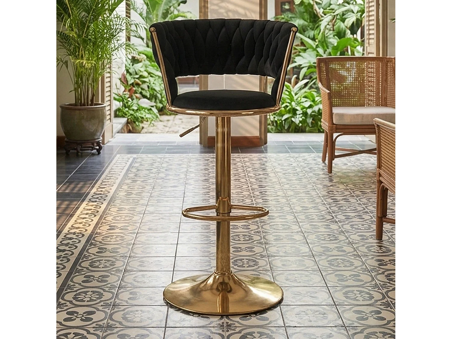 Lot de 2 chaises de bar dossier arrondi style maillage Xenox Velours Noir et Métal Or