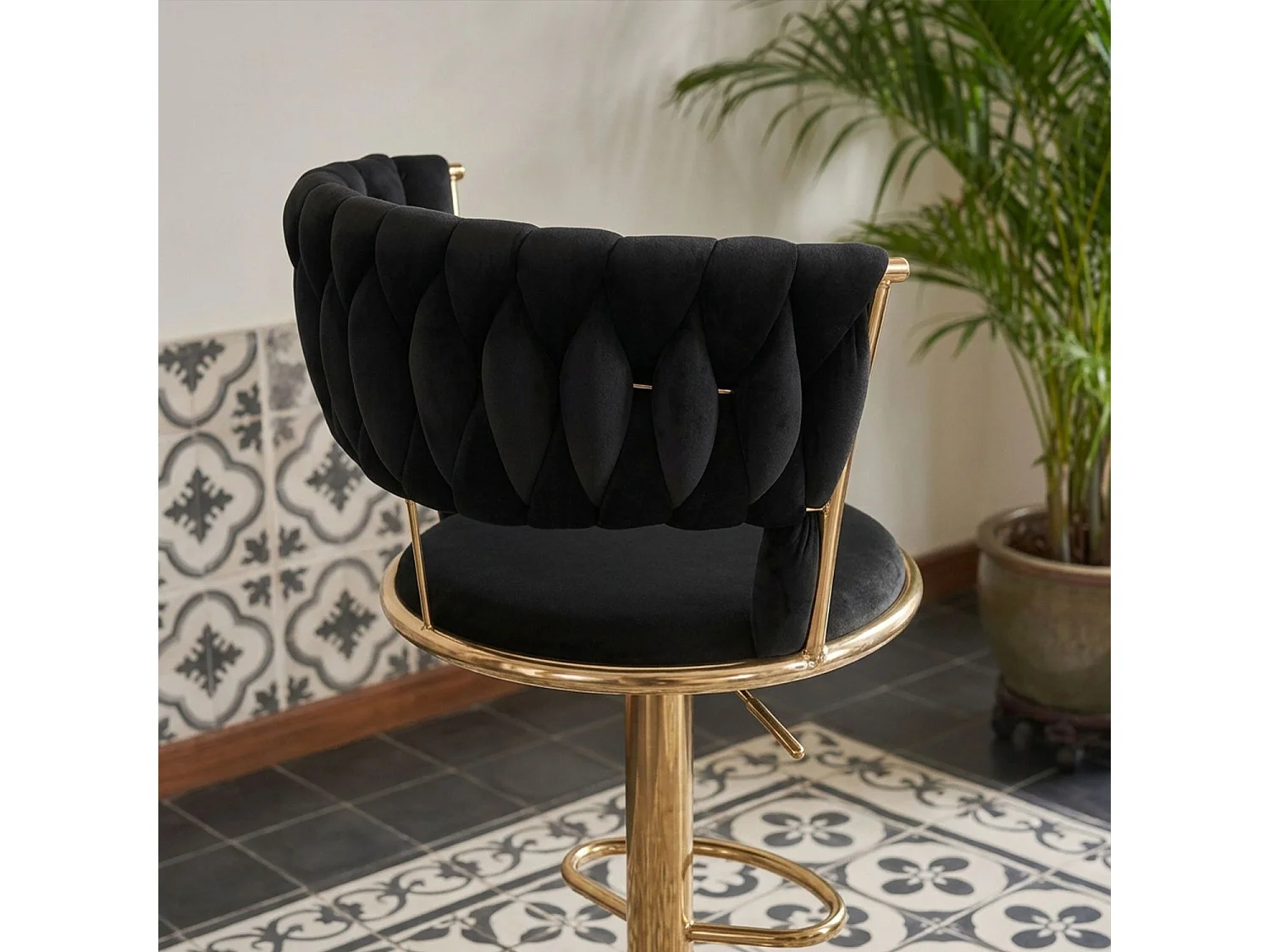 Lot de 2 chaises de bar dossier arrondi style maillage Xenox Velours Noir et Métal Or