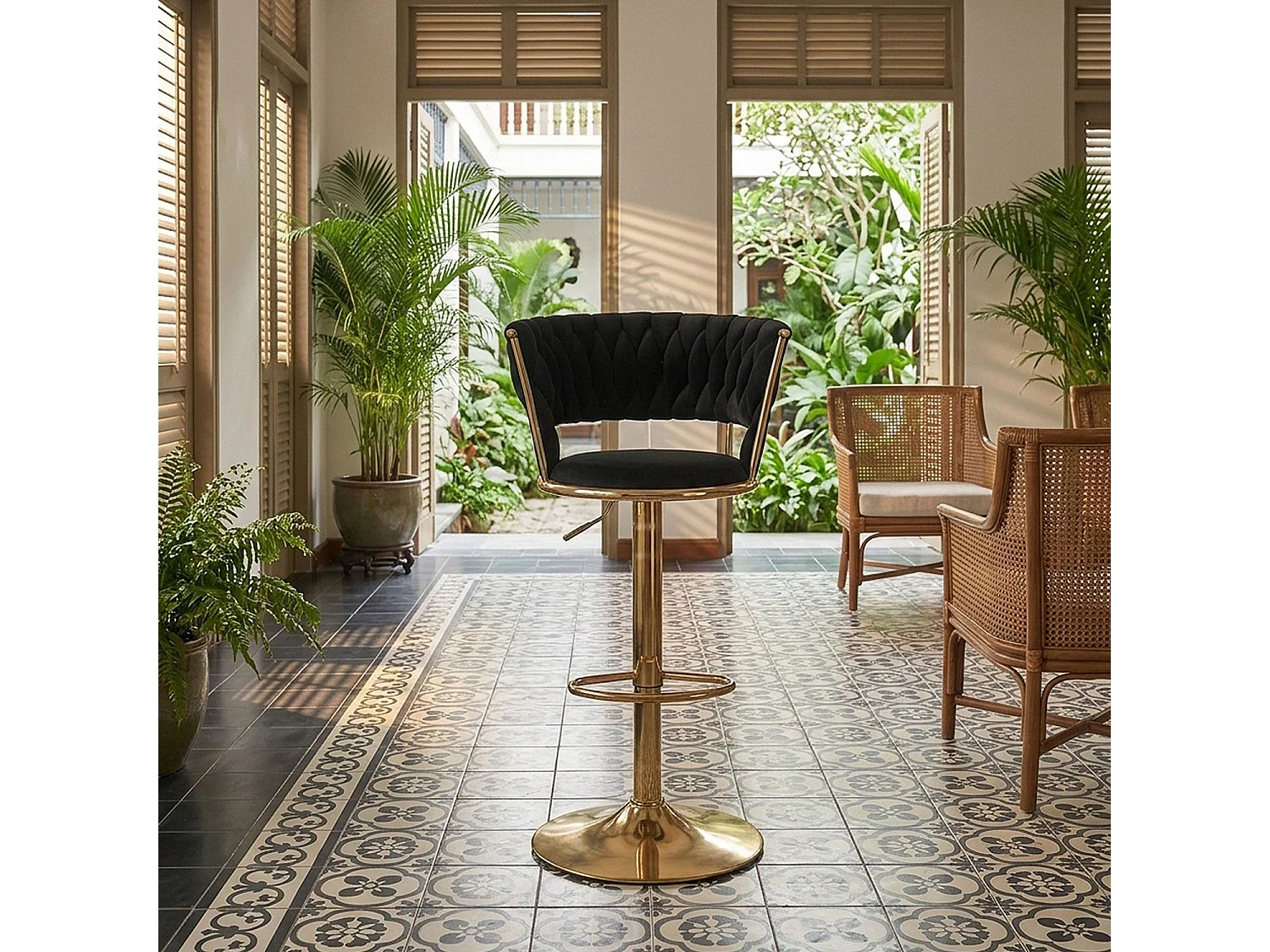 Lot de 2 chaises de bar dossier arrondi style maillage Xenox Velours Noir et Métal Or