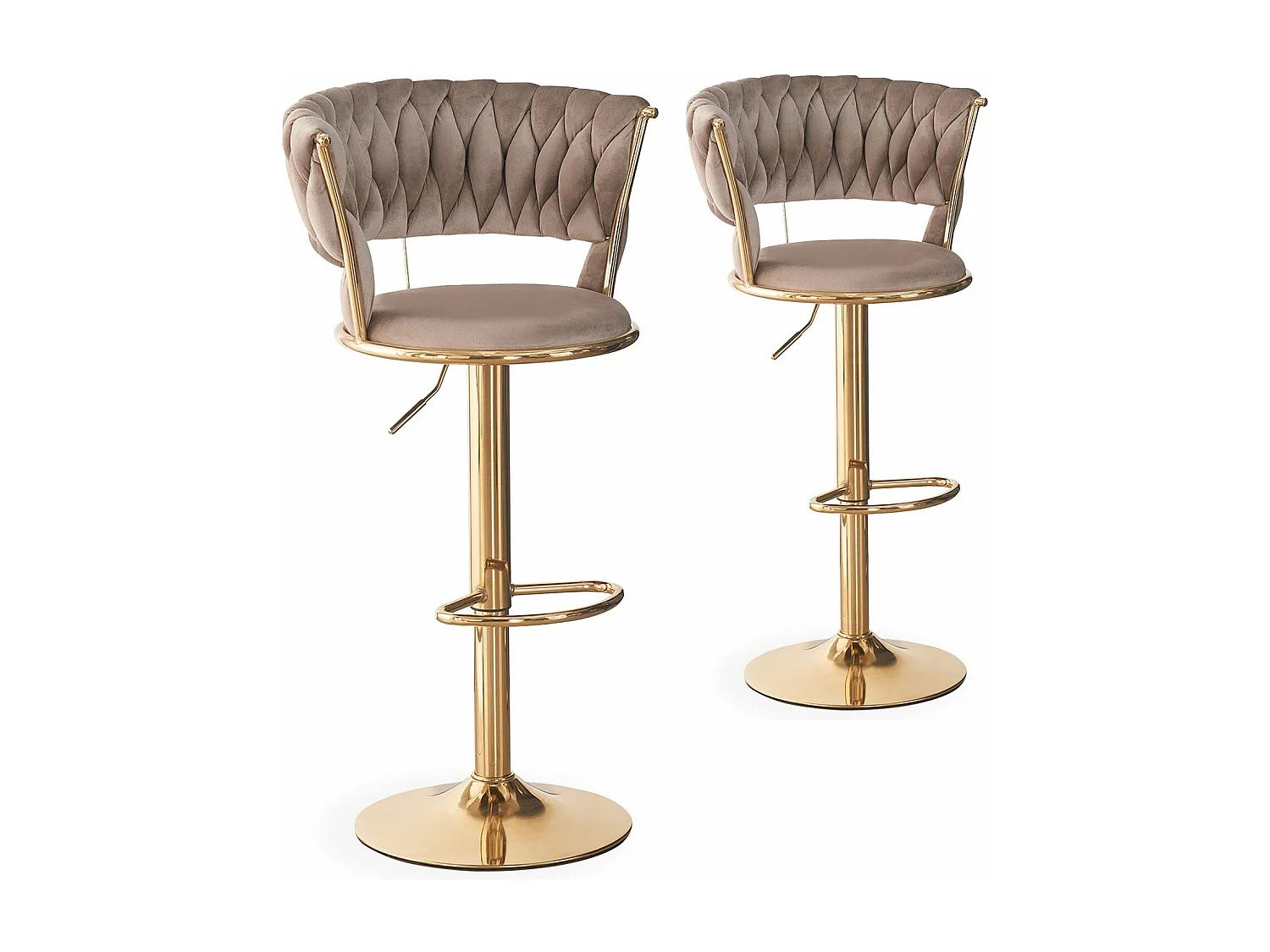 Lot de 2 chaises de bar dossier arrondi style maillage Xenox Velours Taupe et Métal Or