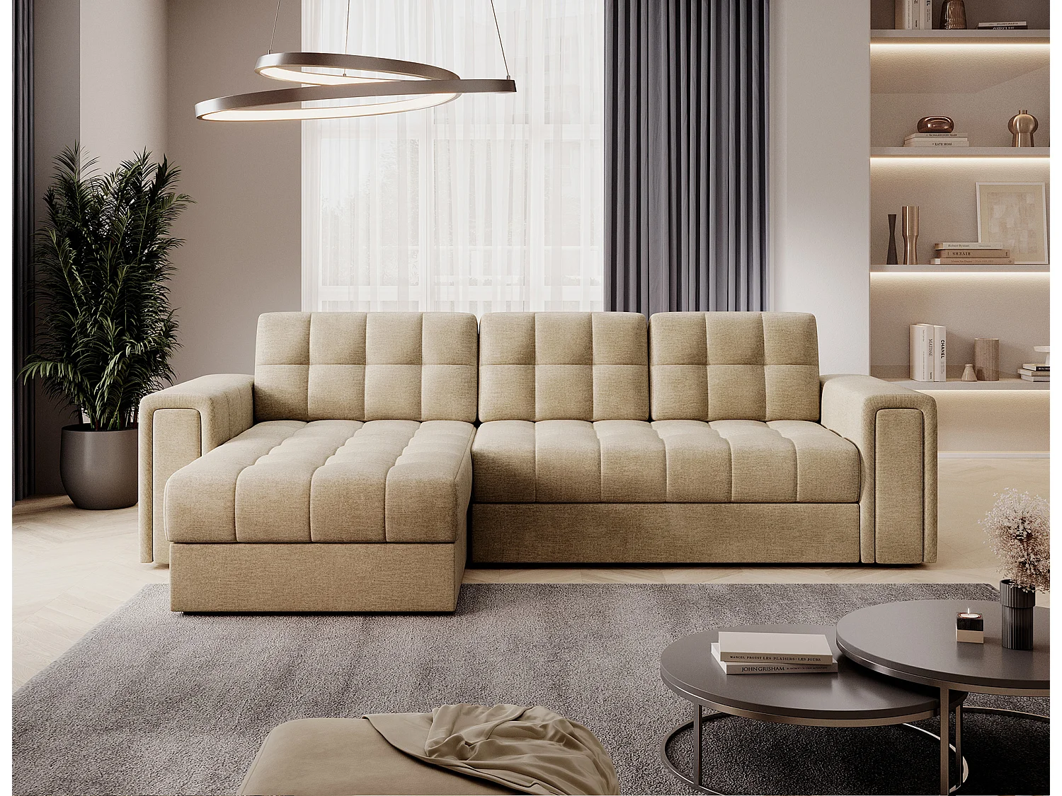 Canapé d’angle réversible convertible KLUMANN en velours – 260cm-Beige foncé
