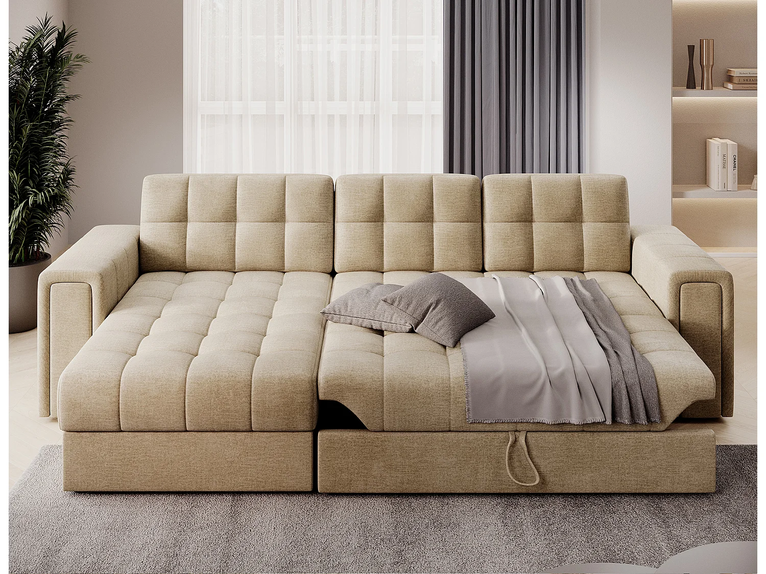 Canapé d’angle réversible convertible KLUMANN en velours – 260cm-Beige foncé