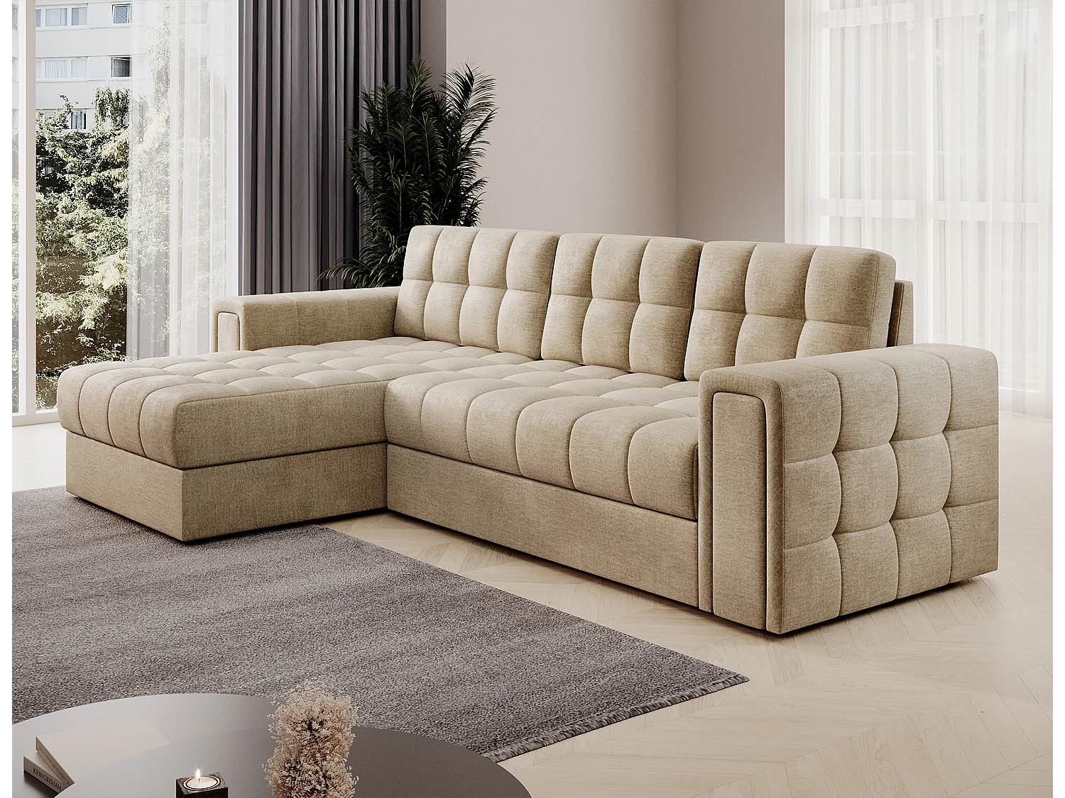 Canapé d’angle réversible convertible KLUMANN en velours – 260cm-Beige foncé