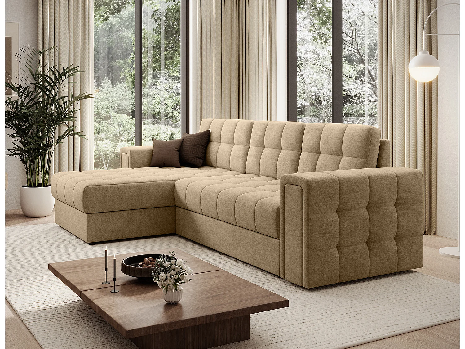 Canapé d’angle réversible convertible KLUMANN en velours – 260cm-Beige foncé