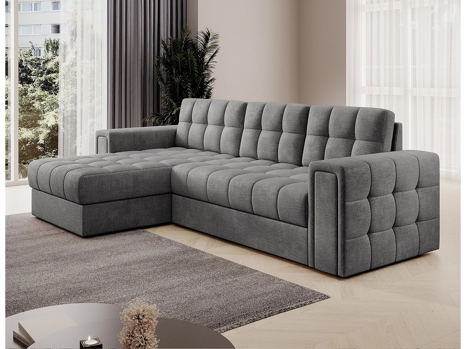 Canapé d’angle réversible convertible KLUMANN en velours – 260cm-Gris