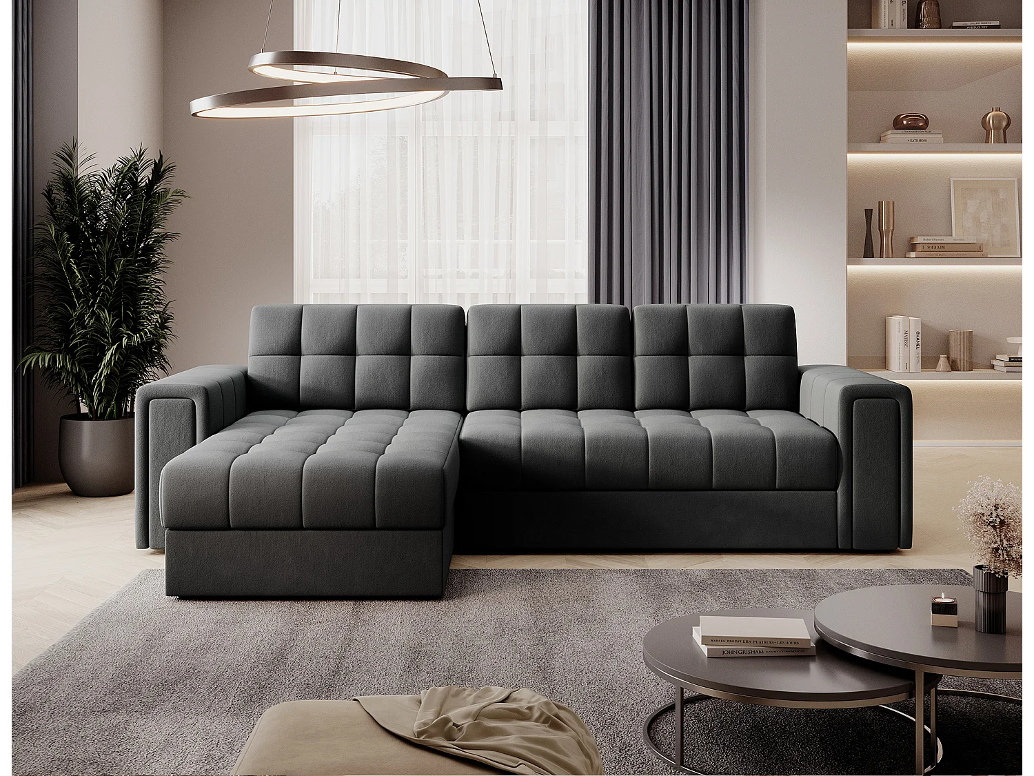 Canapé d’angle réversible convertible KLUMANN en velours – 260cm-Gris foncé