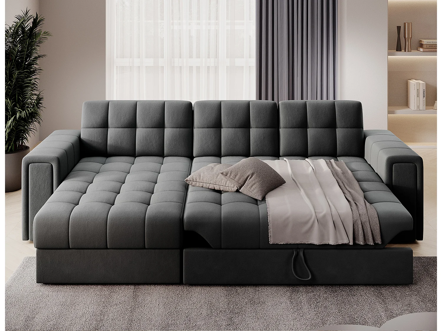 Canapé d’angle réversible convertible KLUMANN en velours – 260cm-Gris foncé