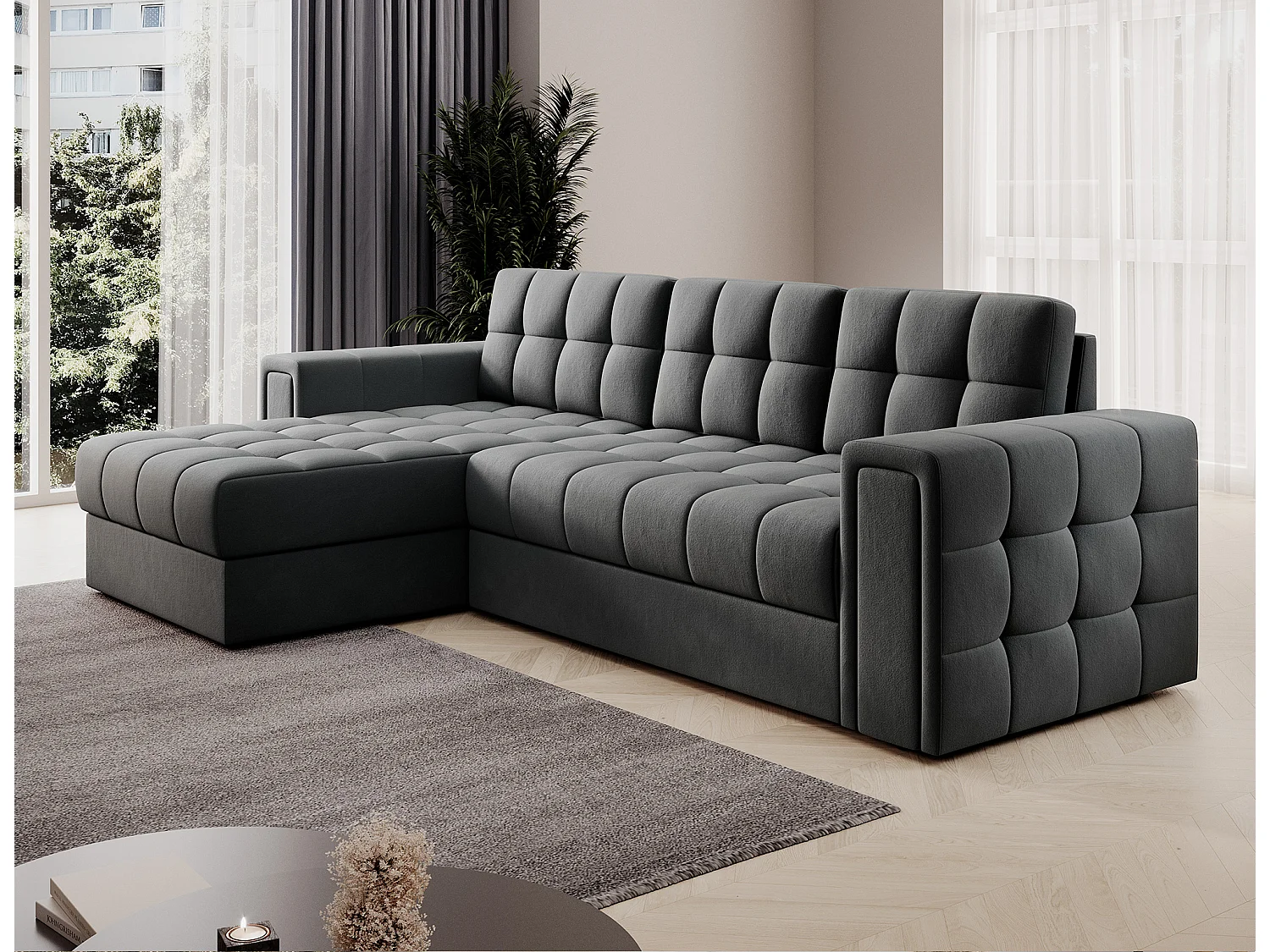 Canapé d’angle réversible convertible KLUMANN en velours – 260cm-Gris foncé