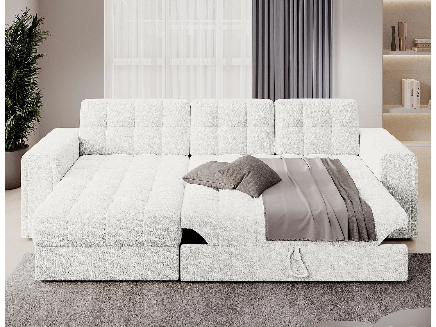 Canapé d’angle réversible convertible KLUMANN en velours – 260cm-Blanc