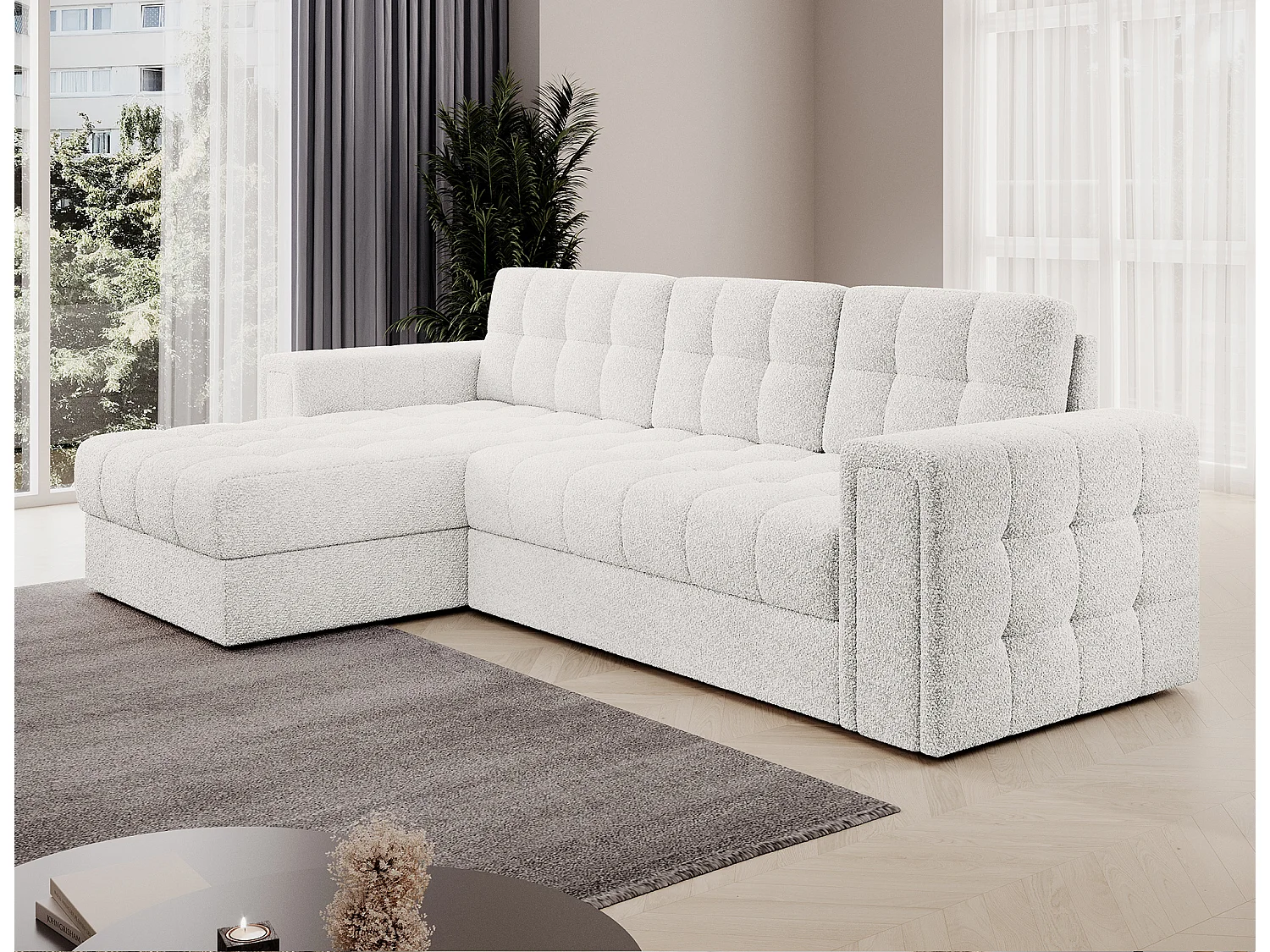 Canapé d’angle réversible convertible KLUMANN en velours – 260cm-Blanc