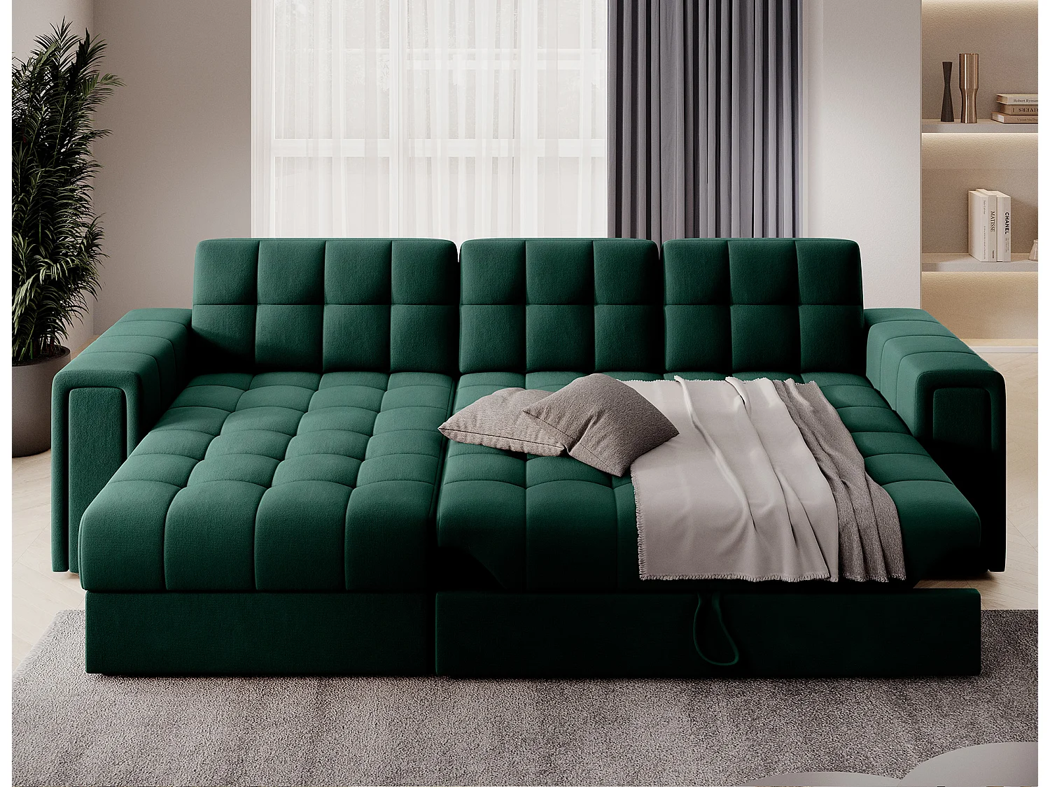 Canapé d’angle réversible convertible KLUMANN en velours – 260cm-Vert foncé
