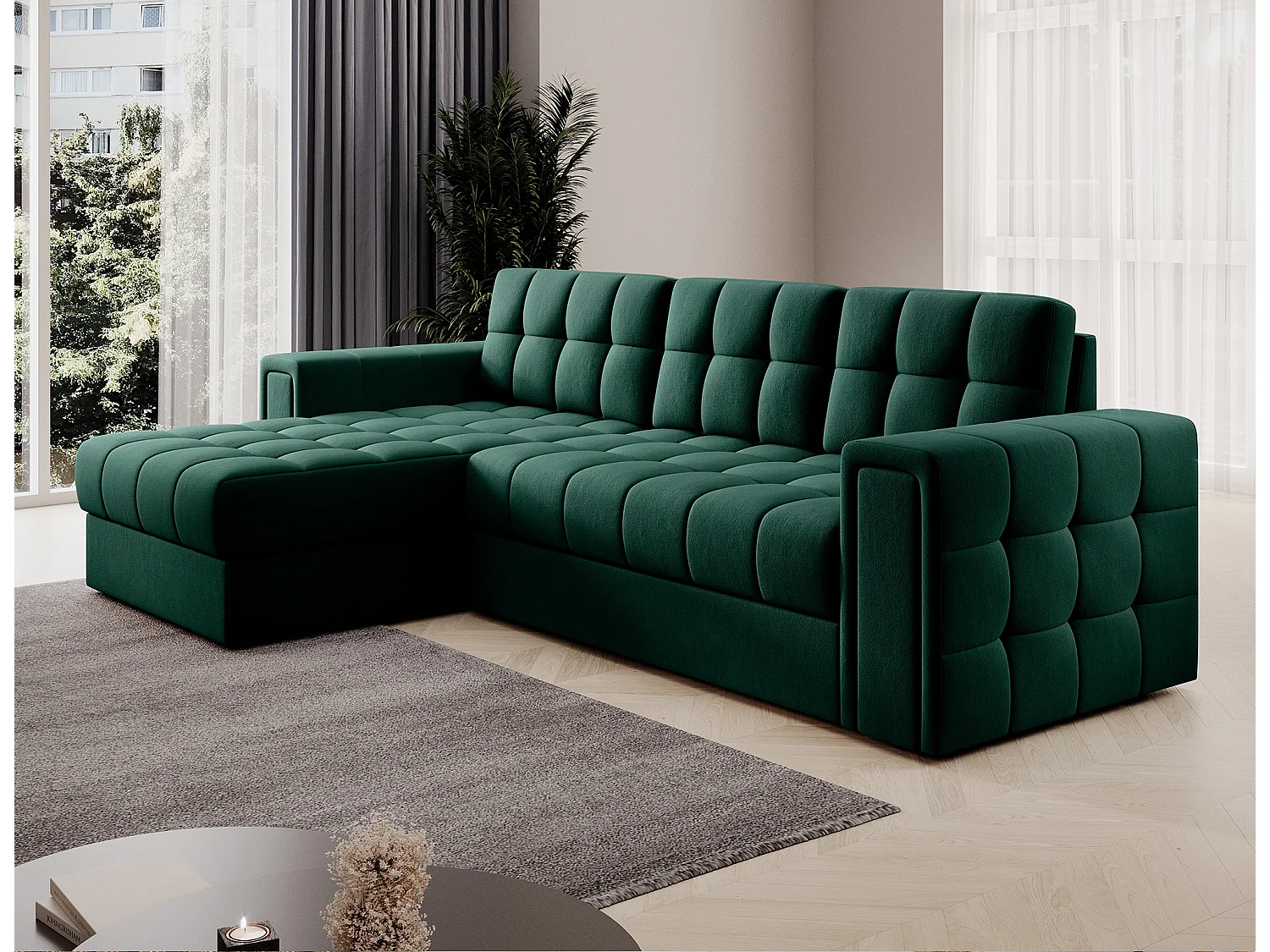 Canapé d’angle réversible convertible KLUMANN en velours – 260cm-Vert foncé
