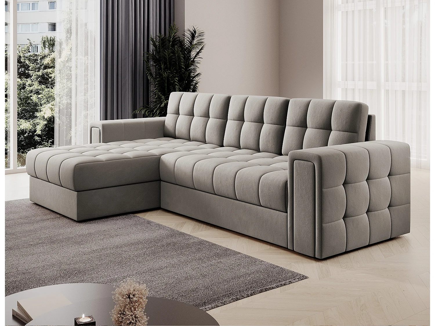 Canapé d’angle réversible convertible KLUMANN en velours – 260cm-Taupe