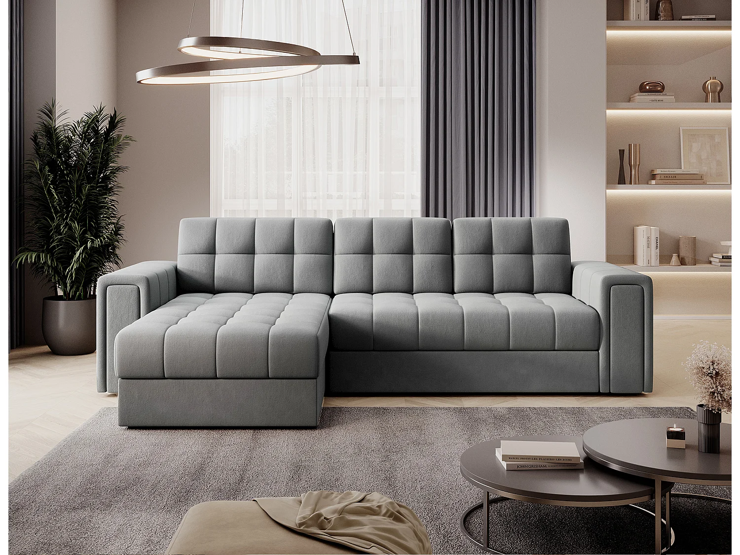 Canapé d’angle réversible convertible KLUMANN en velours – 260cm-Gris clair