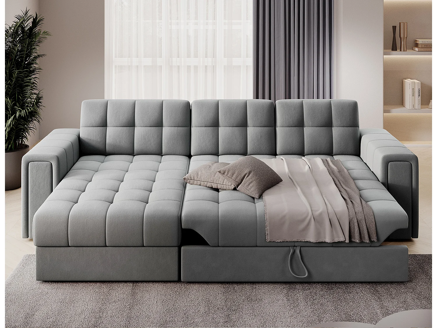 Canapé d’angle réversible convertible KLUMANN en velours – 260cm-Gris clair