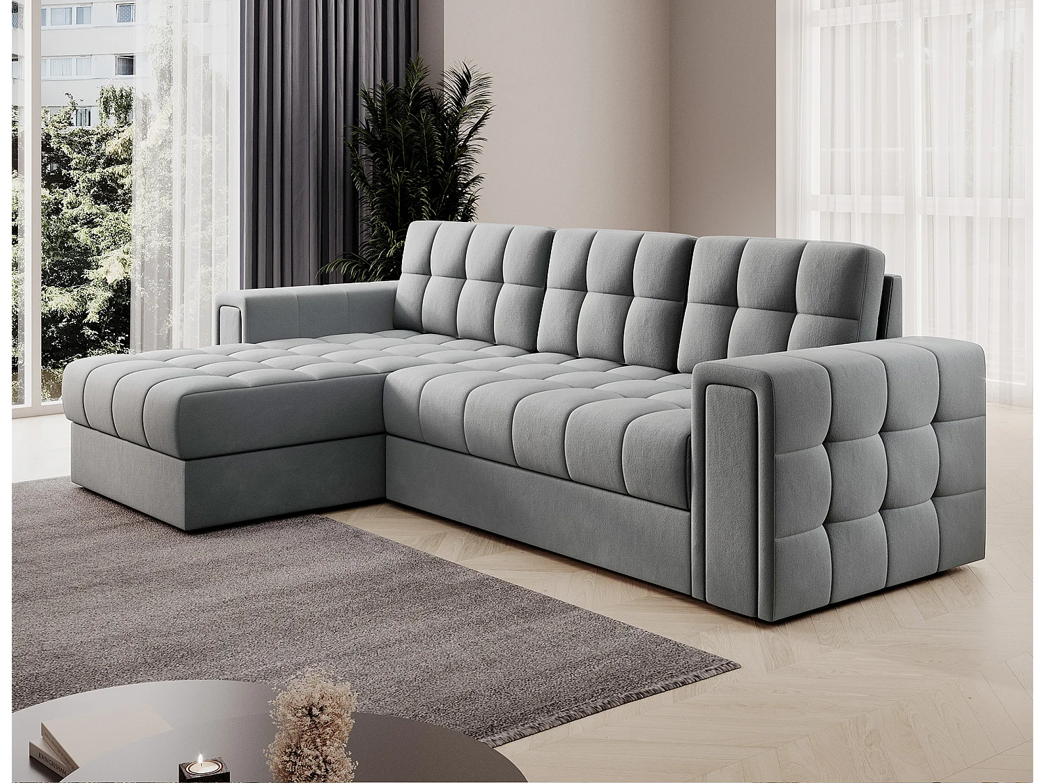 Canapé d’angle réversible convertible KLUMANN en velours – 260cm-Gris clair