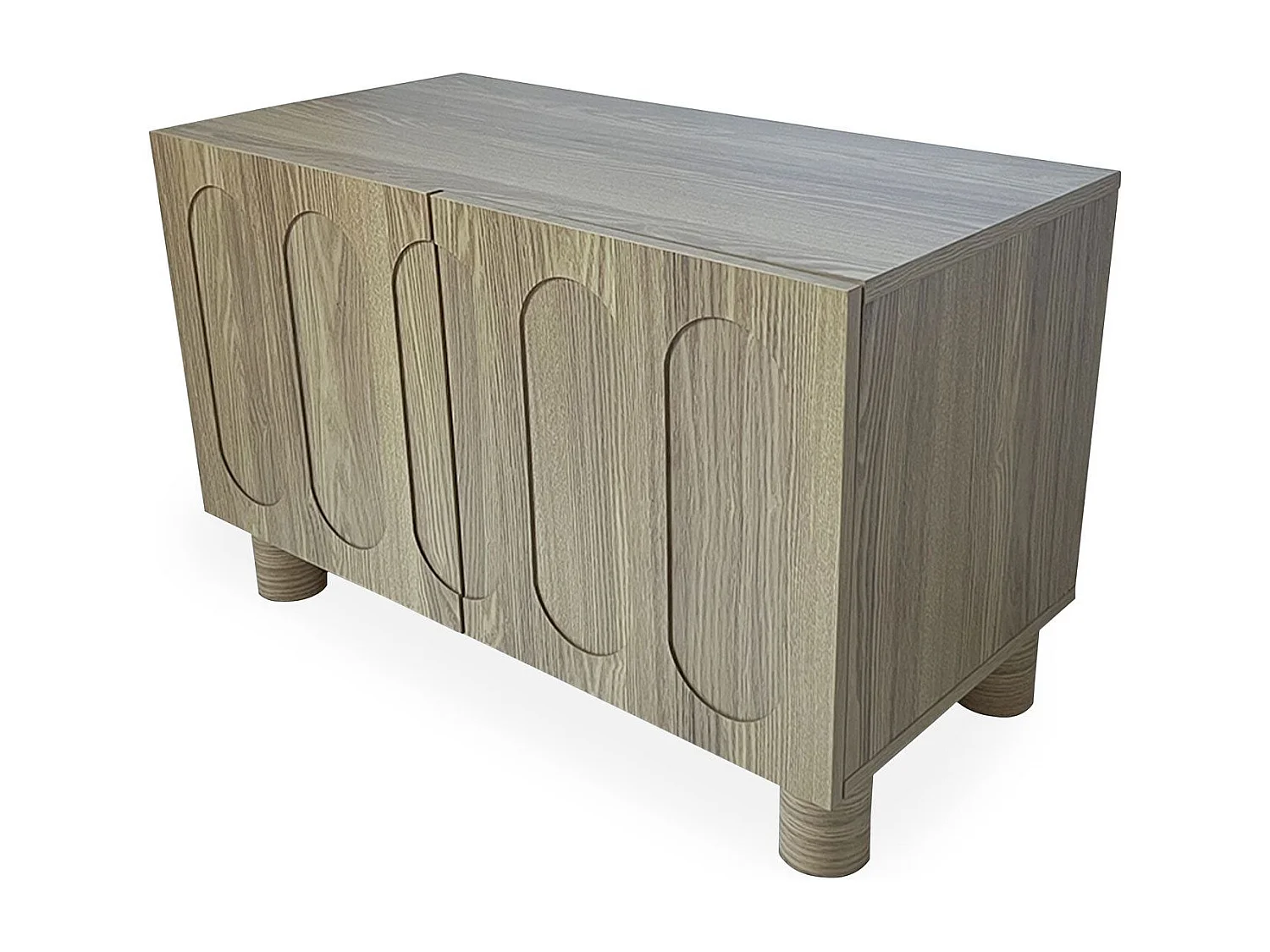 Petit buffet rétro-moderne avec portes sculptées Durand L80cm Chêne grisé