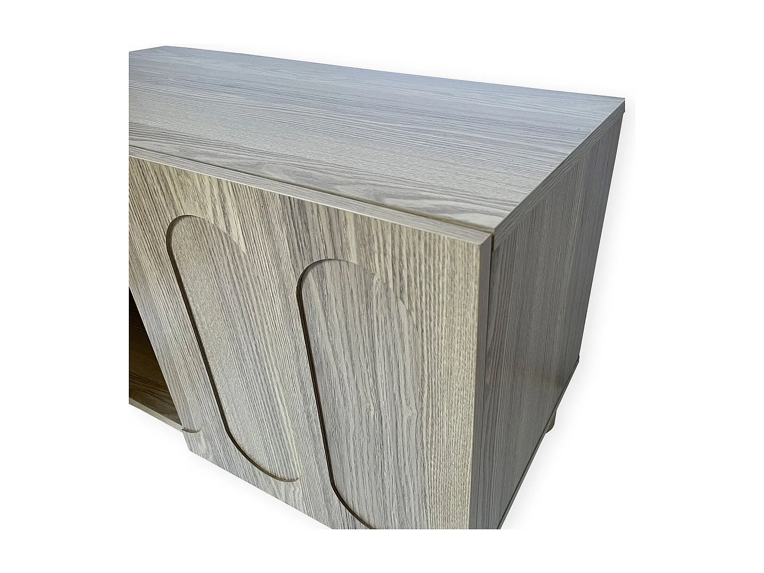 Petit buffet rétro-moderne avec portes sculptées Durand L80cm Chêne grisé